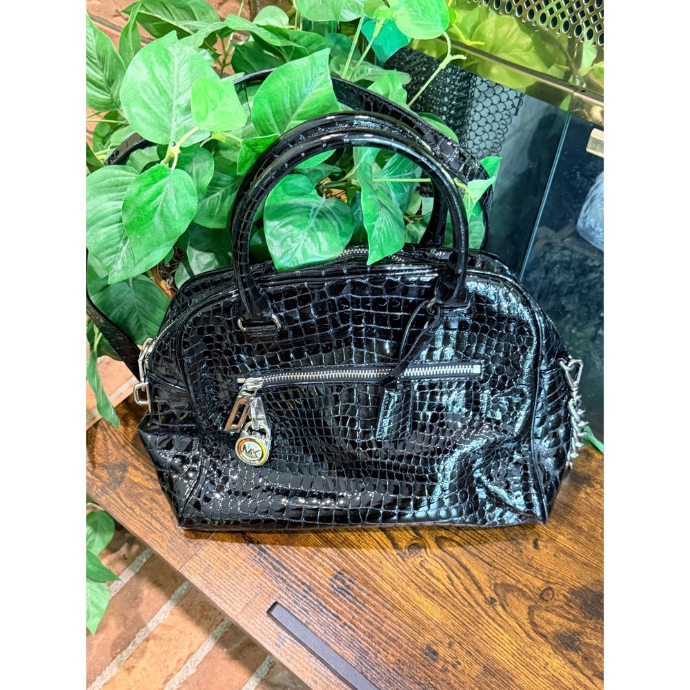 Michael Kors Satchel Women Black Croc Embossed Patent Leather Silver Hardware OS